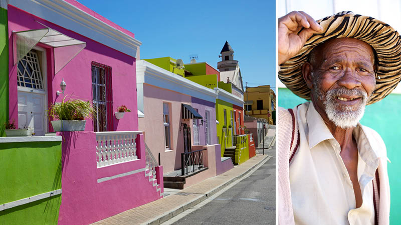 Färgglada hus i Sydafrika, samt en man i solhatt.
